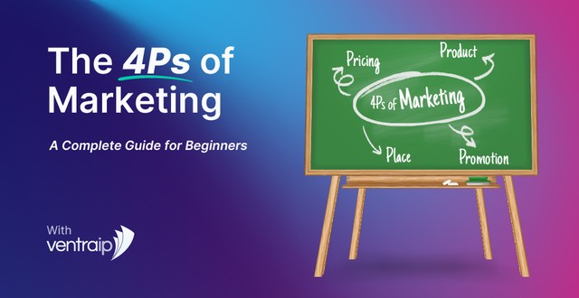 A promotional graphic for a beginner’s guide to the 4Ps of marketing. On the left side, white and bold purple text reads “The 4Ps of Marketing” with a subheading “A Complete Guide for Beginners.” The VentraIP logo appears underneath. On the right, a green chalkboard illustration lists the 4Ps—Pricing, Product, Place, and Promotion—surrounding the central phrase “4Ps of Marketing.” The background transitions from dark blue to magenta.