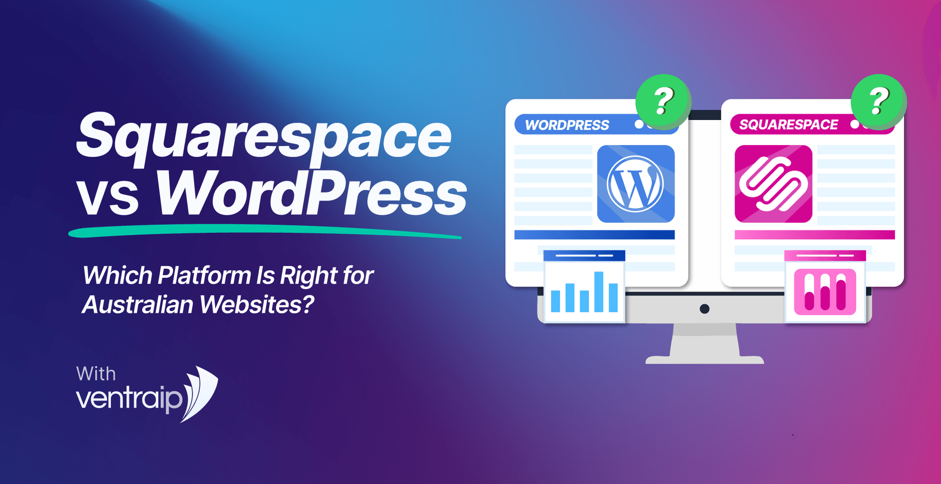 Comparison illustration of WordPress and Squarespace websites displayed on a computer monitor, showing analytics charts and platform logos to represent choosing the right website builder for Australian websites.