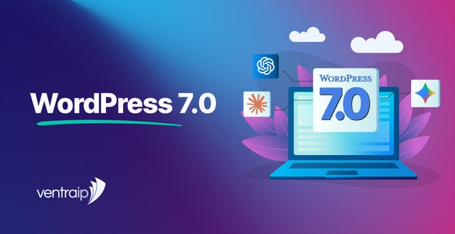 WordPress 7.0 blog graphic showing a laptop with WordPress 7.0 on screen, alongside AI platform icons representing new AI integrations in WordPress.